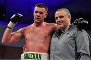 10 March 2017; Con Sheehan with trainer Peter Fury following his victory over Ferenc Zsalek in their heavyweight bout in the Waterfront Hall in Belfast. Photo by Ramsey Cardy/Sportsfile