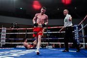10 March 2017; James Tennyson after knocking down Declan Geraghty during their Irish super-featherweight title bout in the Waterfront Hall in Belfast. Photo by Ramsey Cardy/Sportsfile