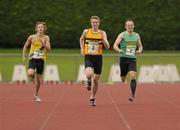 20 August 2011; Andrew Mellon, left, North Down A.C., Co. Down, Cathal Owens, Leevale A.C., Co. Cork, and Colm Lynch, right, Kerry Athletics, Co. Kerry, in action during the Men's premier Division 400m at the Woodie’s DIY National Track and Field League Final. Tullamore Harriers, Tullamore, Co. Offaly. Photo by Sportsfile