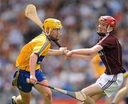 7 August 2011; Colm Galvin, Clare, in action against Padraic Mannion, Galway. GAA Hurling All-Ireland Minor Championship Semi-Final, Clare v Galway, Croke Park, Dublin. Picture credit: Ray McManus / SPORTSFILE