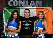 16 March 2017; Michael Conlan with the Top Rank ring girls Rachel and Tatania ahead of his featherweight bout against Tim Ibarra at The Theater at Madison Square Garden in New York, USA. Photo by Ramsey Cardy/Sportsfile