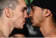 16 March 2017; Michael Conlan, left, faces off with Tim Ibarra ahead of their featherweight bout at The Theater at Madison Square Garden in New York, USA. Photo by Ramsey Cardy/Sportsfile