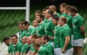 17 March 2017; Jonathan Sexton of Ireland, front, 3rd from left, and his team-mates pose for a team photograph prior to their captain's run at Aviva Stadium in Lansdowne Road, Dublin. Photo by Brendan Moran/Sportsfile