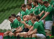 17 March 2017; Jonathan Sexton of Ireland, 3rd from left and his team-mates as the team pose for a team photograph prior to their captain's run at Aviva Stadium in Lansdowne Road, Dublin. Photo by Brendan Moran/Sportsfile
