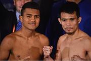 17 March 2017; Roman Gonzalez, left, faces off with Wisaksil Wangek ahead of their super flyweight title bout at The Theater in Madison Square Garden, New York, USA. Photo by Ramsey Cardy/Sportsfile