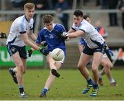 17 March 2017; Aaron Gribben of St. Colman’s College in action against Daniel Bradley and Sean Kelly of St. Mary’s Grammar School during the Danske Bank MacRory Cup Final 2017 match between St. Colman’s College Newry Co Down and St. Mary’s Grammar School Magherafelt Co Derry at Athletic Grounds in Armagh. Photo by Oliver McVeigh/Sportsfile