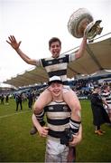 17 March 2017; Ruadhan Byron and Paraic Cagney, top, of Belvedere College celebrate following the Bank of Ireland Leinster Schools Senior Cup Final match between Belvedere College and Blackrock College at RDS Arena in Dublin. Photo by Stephen McCarthy/Sportsfile