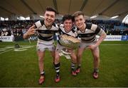 17 March 2017; Belvedere College front row, from left, Jake Robinson, Anthony McDonnell and Cillian Molloy celebrate following the Bank of Ireland Leinster Schools Senior Cup Final match between Belvedere College and Blackrock College at RDS Arena in Dublin. Photo by Stephen McCarthy/Sportsfile