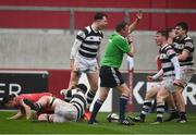 17 March 2017; Sean French of PBC celebrates with team-mates after scoring his side's first try during the Clayton Hotels Munster Schools Senior Cup Final match between Glenstal Abbey and Presentation Brothers Cork at Thomond Park in Limerick. Photo by Diarmuid Greene/Sportsfile