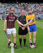 7 August 2011; Team captains Shane Maloney, Galway, left, and Tony Kelly, Clare, right, shake hands in front of referee Sean Cleere. GAA Hurling All-Ireland Minor Championship Semi-Final, Clare v Galway, Croke Park, Dublin. Picture credit: Ray McManus / SPORTSFILE