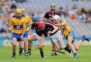 7 August 2011; Galway's Padraic Mannion, right, and Billy Lane in action against Colm Galvin, far left, and Peter Duggan, Clare. GAA Hurling All-Ireland Minor Championship Semi-Final, Clare v Galway, Croke Park, Dublin. Picture credit: Ray McManus / SPORTSFILE