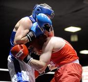 10 August 2011; Karl Brabazon, St.Saviours OBA, right, exchanges punches with Martin Wall, Crumlin. IABA Senior Open Elite Competition 2011, National Stadium, Dublin. Picture credit: Barry Cregg / SPORTSFILE