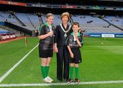 21 August 2011; INTO President Noreen Flynn with referees Katie Dwyer and Luke Murphy, both from Craggagh N.S., Kiltimagh, Co. Mayo. Go Games Exhibition - Sunday 21st August 2011, Croke Park, Dublin. Picture credit: Dáire Brennan / SPORTSFILE