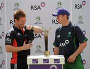 24 August 2011; England captain Eoin Morgan, left, and Ireland captain William Porterfield with the RSA Challenge Trophy ahead of their RSA Challenge ODI match on Thursday. RSA Challenge ODI Captains Photocall, Clontarf Cricket Club, Clontarf, Dublin. Picture credit: Pat Murphy / SPORTSFILE