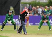 25 August 2011; England's Eoin Morgan bats of a ball from Alex Cusack, Ireland. RSA Challenge ODI, Ireland v England, Clontarf Cricket Club, Clontarf, Dublin. Picture credit: Pat Murphy / SPORTSFILE