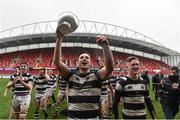17 March 2017; PBC captain Jack O'Sullivan celebrates with the cup after the Clayton Hotels Munster Schools Senior Cup Final match between Glenstal Abbey and Presentation Brothers Cork at Thomond Park in Limerick. Photo by Diarmuid Greene/Sportsfile