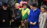 17 March 2017; The winning connections of Sizing John with jockey Robbie Power including trainer Jessica Harrington, her daughter Katie Harrington, and owner Alan Potts after winning the Timico Cheltenham Gold Cup Steeple Chase during the Cheltenham Racing Festival at Prestbury Park in Cheltenham, England. Photo by Cody Glenn/Sportsfile