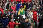 17 March 2017; Robbie Power celebrates as he enters the winner's enclosure after winning the Timico Cheltenham Gold Cup Steeple Chase on Sizing John during the Cheltenham Racing Festival at Prestbury Park in Cheltenham, England. Photo by Cody Glenn/Sportsfile