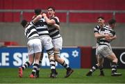 17 March 2017; Alex Keating, Eóin Quilter and Eóin Burns of PBC celebrate at the final whistle of the Clayton Hotels Munster Schools Senior Cup Final match between Glenstal Abbey and Presentation Brothers Cork at Thomond Park in Limerick. Photo by Diarmuid Greene/Sportsfile