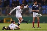 17 March 2017; Max Malins of England scores a conversion with the aid of teammate Harry Randall during the RBS U20 Six Nations Rugby Championship match between Ireland and England at Donnybrook Stadium in Donnybrook, Dublin. Photo by Eóin Noonan/Sportsfile