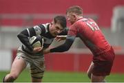 17 March 2017; Peter Sylvester of PBC is tackled by Jamie Mawhinney of Glenstal Abbey during the Clayton Hotels Munster Schools Senior Cup Final match between Glenstal Abbey and Presentation Brothers Cork at Thomond Park in Limerick. Photo by Diarmuid Greene/Sportsfile