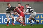 17 March 2017; Jack O'Mahony of Glenstal Abbey is tackled by Tom Fitzgerald, left, and Jonathan Wren of PBC during the Clayton Hotels Munster Schools Senior Cup Final match between Glenstal Abbey and Presentation Brothers Cork at Thomond Park in Limerick. Photo by Diarmuid Greene/Sportsfile