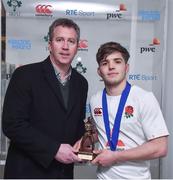 17 March 2017; Paul Stapleton, General Manager of Electric Ireland, presents Harry Randall of England with the Electric Ireland Player of the Match after the RBS U20 Six Nations Rugby Championship match between Ireland and England at Donnybrook Stadium in Donnybrook, Dublin. Photo by Matt Browne/Sportsfile