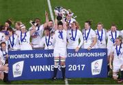 17 March 2017; England captain Sarah Hunter lifts the cup alongside her team-mates after the RBS Women's Six Nations Rugby Championship match between Ireland and England at Donnybrook Stadium in Donnybrook, Dublin. Photo by Eóin Noonan/Sportsfile
