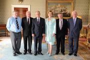 5 July 2011; President Mary McAleese and her husband Dr. Martin McAleese with members of Ballylambert GAA Club, Co. Limerick, left to right, Dave Walsh, Gerard Kelly, Pat Meade, and Danny Lonergan, in attendance at a garden party for GAA Social Initiative participants. Áras an Uachtaráin, Phoenix Park, Dublin. Picture credit: Pat Murphy / SPORTSFILE