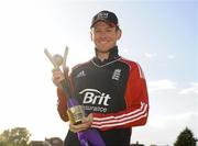 25 August 2011; England Captain Eoin Morgan lifts the RSA Challenge Trophy. RSA Challenge ODI, Ireland v England, Clontarf Cricket Club, Clontarf, Dublin. Picture credit: Pat Murphy / SPORTSFILE