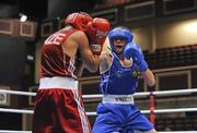 25 August 2011; Joe Fitzpatrick, right, Ireland, exchanges punches with Tural Ahmadov, Azerbaijian, during their 52kg quarter-final bout. European Youth Boxing Championships, CityWest Convention Centre, CityWest Hotel, Saggart, Co. Dublin. Picture credit: Barry Cregg / SPORTSFILE