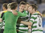 25 August 2011; Shamrock Rovers players, from left, Gary Twigg, Ronan Finn, and Stephen O'Donnell celebrate victory over FK Partizan Belgrade. UEFA Europa League Play-off Round Second Leg, Shamrock Rovers v FK Partizan Belgrade, FK Partizan Stadium, Belgrade, Serbia. Picture credit: Srdjan Stevanovic / SPORTSFILE