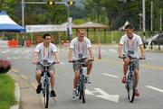 26 August 2011; Irish athletes, from left, Jason Smyth, 100m, Paul Hession, 200m, and Colin Griffin, 50Km Walk, relax near the athletes village ahead of the IAAF World Championships which begin on Saturday. IAAF World Championships Preview, Daegu, Korea. Picture credit: Stephen McCarthy / SPORTSFILE