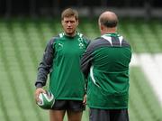 26 August 2011; Ireland's Ronan O'Gara in conversation with Head Coach Declan Kidney during the Squad Captain's run ahead of their Rugby World Cup warm-up game against England on Saturday. Aviva Stadium, Lansdowne Road, Dublin. Picture credit: Pat Murphy / SPORTSFILE