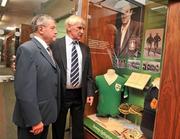 26 August 2011; The FAI unveiled a commemorative display in honour of former international Tommy Eglington at the FAI Headquarters. At the unveiling is former team-mate's and Republic of Ireland Internationals Arthur Fitzsimons, left and Mick Meegan, FAI Headquarters, Abbotstown, Dublin. Picture credit: David Maher / SPORTSFILE