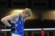 26 August 2011; A disappointed Stephen Broadhurst, Ireland, after losing to  Rauf Rashimov, Azerbaijan, during their Middleweight 75kg bout. European Youth Boxing Championships, Semi-Finals, Citywest Hotel, Saggart, Co. Dublin. Picture credit: David Maher / SPORTSFILE