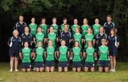 25 August 2011; The Ireland squad, top row, from left to right, video analyst Guy Garrett, Emma Smyth, Michelle Harvey, Julia O'Halloran, Niamh Small, Aine Connery, Chloe Watkins, Lisa Jacob, assistant coach Denis Pritchard, middle row, left to right, team manager Sally Ann Fanagan, strength & conditionong coach Mark Kilgallon, Sinead McCarthy, Audrey O'Flynn, head coach Gene Muller, Miriam Crowley, Pamela Smithwick, video analyst Rudi Wartmann, physio Karen Ryan, front row, left to right, Shirley McCay, Elizabeth Colvin, Emma Clarke, Alexandra Speers, Cliodhna Sargent,  Nicola Symmons, Emma Gray. GANT EuroHockey Nations Women's Championships 2011, Freiraum Hotel, Mönchengladbach, Germany. Picture credit: Diarmuid Greene / SPORTSFILE