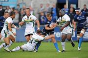 26 August 2011; Luke Fitzgerald, Leinster, is tackled by Paul Diggin, left, and Brian Mujati, Northampton Saints. Pre-Season Friendly, Leinster v Northampton Saints, Donnybrook Stadium, Donnybrook, Dublin. Picture credit: Ray McManus / SPORTSFILE