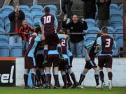 26 August 2011; Drogheda United players surround Dave Rodgers after he scored his side's first goal. FAI Ford Cup Fourth Round, Drogheda United v Dundalk, Hunky Dory Park, Drogheda, Co. Louth. Picture credit: Oliver McVeigh / SPORTSFILE