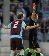 26 August 2011; Referee: Damien Hancock shows Stephen Quigley, Drogheda United a red card late in the first half. FAI Ford Cup Fourth Round, Drogheda United v Dundalk, Hunky Dory Park, Drogheda, Co. Louth. Picture credit: Oliver McVeigh / SPORTSFILE