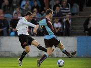 26 August 2011; Ross Gaynor, Dundalk, in action against Alan McNally, Drogheda United. FAI Ford Cup Fourth Round, Drogheda United v Dundalk, Hunky Dory Park, Drogheda, Co. Louth. Picture credit: Oliver McVeigh / SPORTSFILE