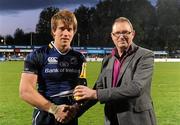26 August 2011; Dominic Ryan, is presented with the Bank of Ireland Man of the Match award by Liam Keely, Head of Sponsorship, Bank of Ireland, after the game. Pre-Season Friendly, Leinster v Northampton Saints. Donnybrook Stadium, Donnybrook, Dublin. Picture credit: Ray McManus / SPORTSFILE