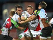 26 August 2011; Pedrie Wannenburg, Ulster, is tackled by Rory Clegg, left, and Sam Smith, Harlequins. Pre-Season Friendly, Ulster v Harlequins, Ravenhill Park, Belfast, Co. Antrim. Picture credit: John Dickson / SPORTSFILE