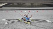 18 March 2017; The UCD team including David O'Malley, Stroke, celebrate after crossing the finish line to win the 2017 Colours Boat Race between UCD and Trinity. River Liffey, Dublin. Photo by Eóin Noonan/Sportsfile