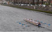 18 March 2017; The UCD team, from left, Sarah Matthews, bow, Gersende Youl, Rachel Ryan, Vanessa Connolly, Daisy Callanan, Jane Coleman, Ruth Gilligan, Eimear Lambe, stroke, and Sínn Finn, cox, on their way to winning the 2017 Colours Boat Race between UCD and Trinity. River Liffey, Dublin. Photo by Eóin Noonan/Sportsfile
