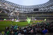 18 March 2017; A general view of fireworks as both teams make their way onto the pitch prior to the RBS Six Nations Rugby Championship match between Ireland and England at the Aviva Stadium in Lansdowne Road, Dublin. Photo by Stephen McCarthy/Sportsfile
