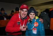 18 March 2017; Sergeant Paul McGee, Milford Garda Station, Co Donegal who was a member of the Law Enforcement Final Leg Torch Run and ran around Austria over the last ten days presents a Final Leg pin to Team Ireland's Caolan McConville, a member of Skiability Special Olympics Club, from Aghagallon, Co. Armagh ahead of the Opening Ceremony of the 2017 Special Olympics World Winter Games at Planai-Hochwurzen Bahnen in Schladming, Austria. Photo by Ray McManus/Sportsfile
