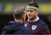 18 March 2017; Jamie Heaslip of Ireland speaks to head coach Joe Schmidt prior to the RBS Six Nations Rugby Championship match between Ireland and England at the Aviva Stadium in Lansdowne Road, Dublin. Photo by Brendan Moran/Sportsfile