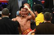 18 March 2017; Srisaket Sor Rungvisai celebrates after defeating Roman Gonzalez in their WBC Super Flyweight World Championship bout at Madison Square Garden in New York, USA. Photo by Ramsey Cardy/Sportsfile