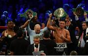 18 March 2017; Gennady Golovkin, right, is announced victorious over Daniel Jacobs in their middleweight title bout at Madison Square Garden in New York, USA. Photo by Ramsey Cardy/Sportsfile